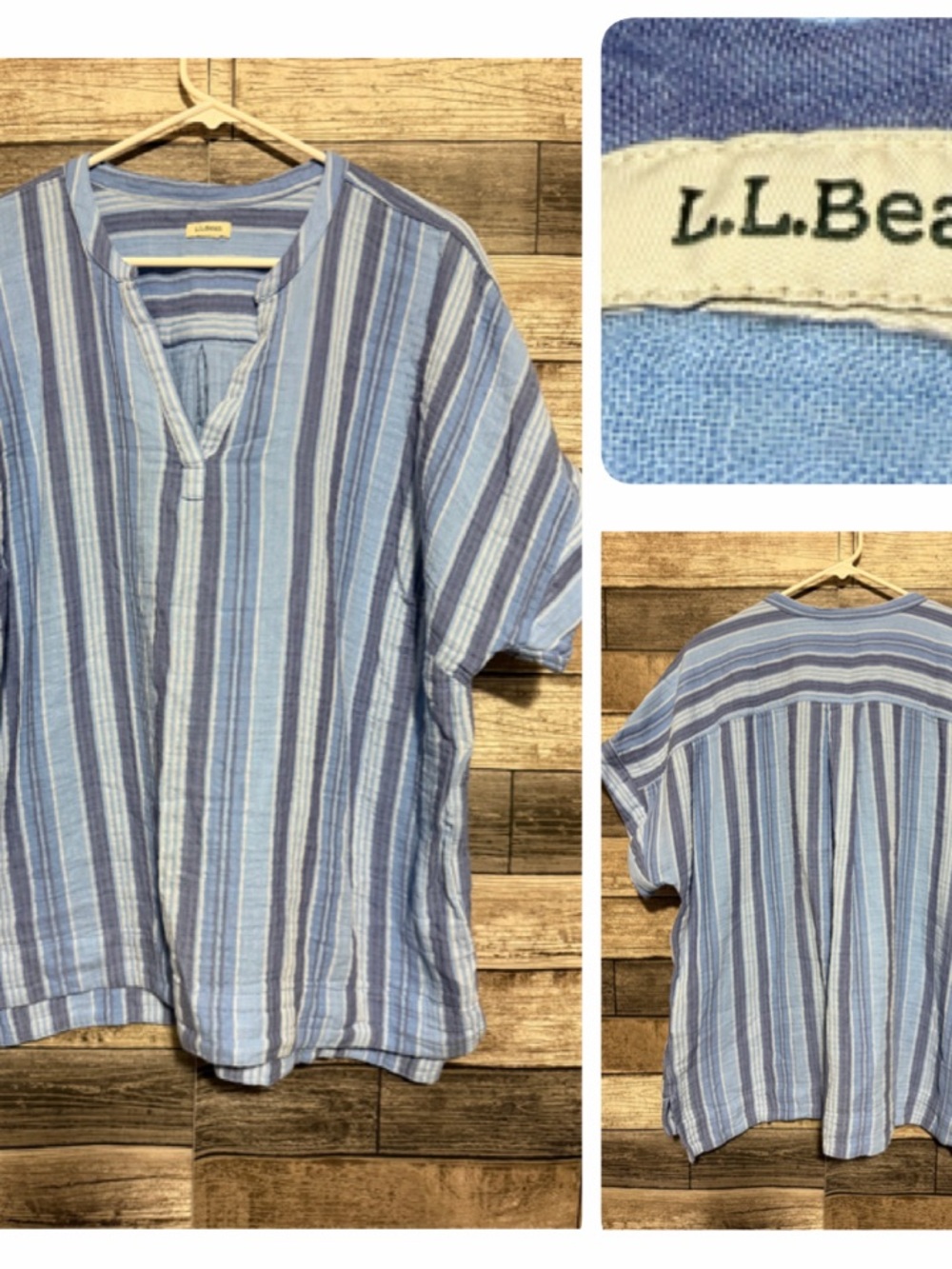 L.L. Bean Gauze Shirt Top Size 3X Lightweight Popover Blue Striped (READ)